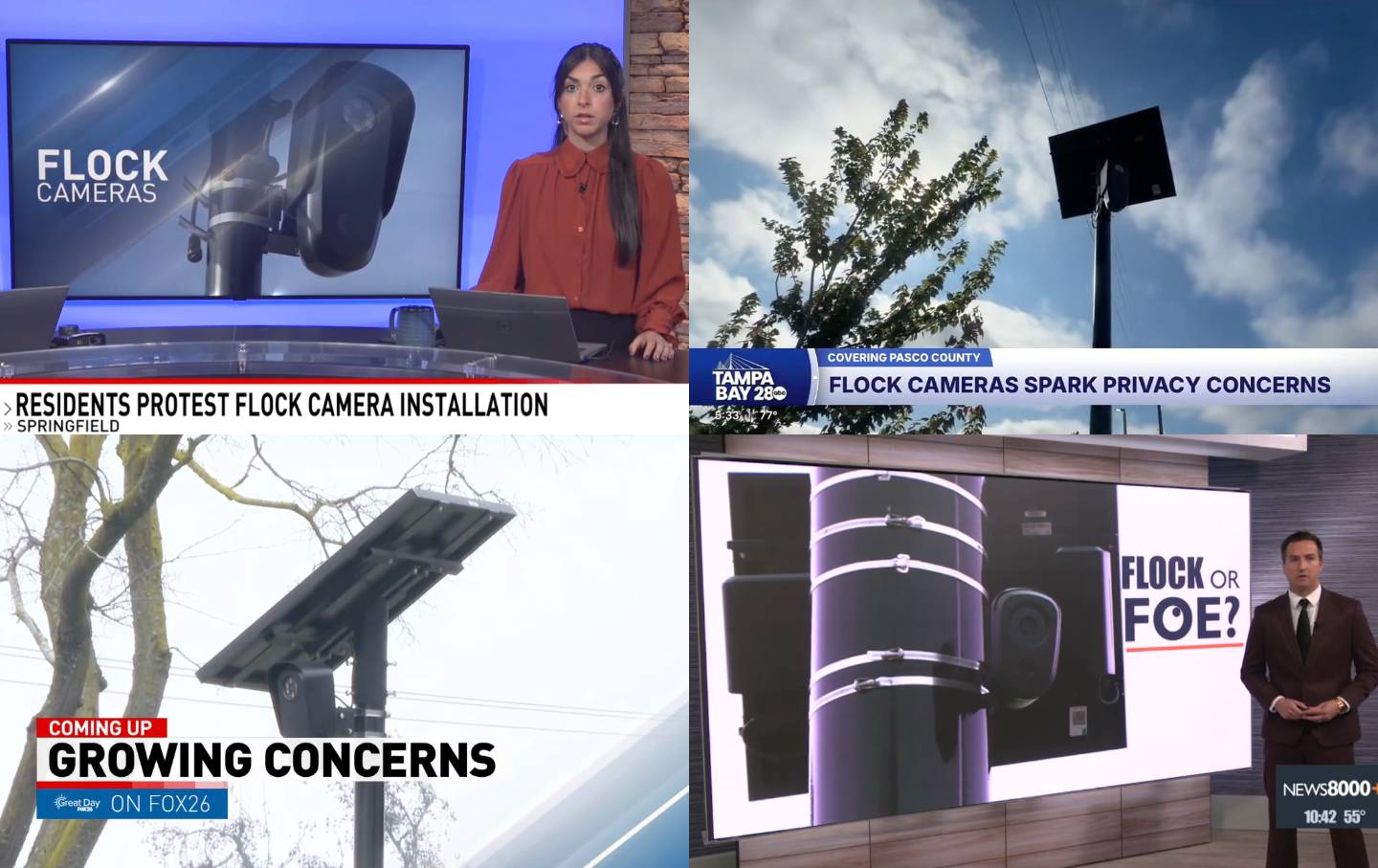 Screenshots of news stories about Flock cameras from around the country.