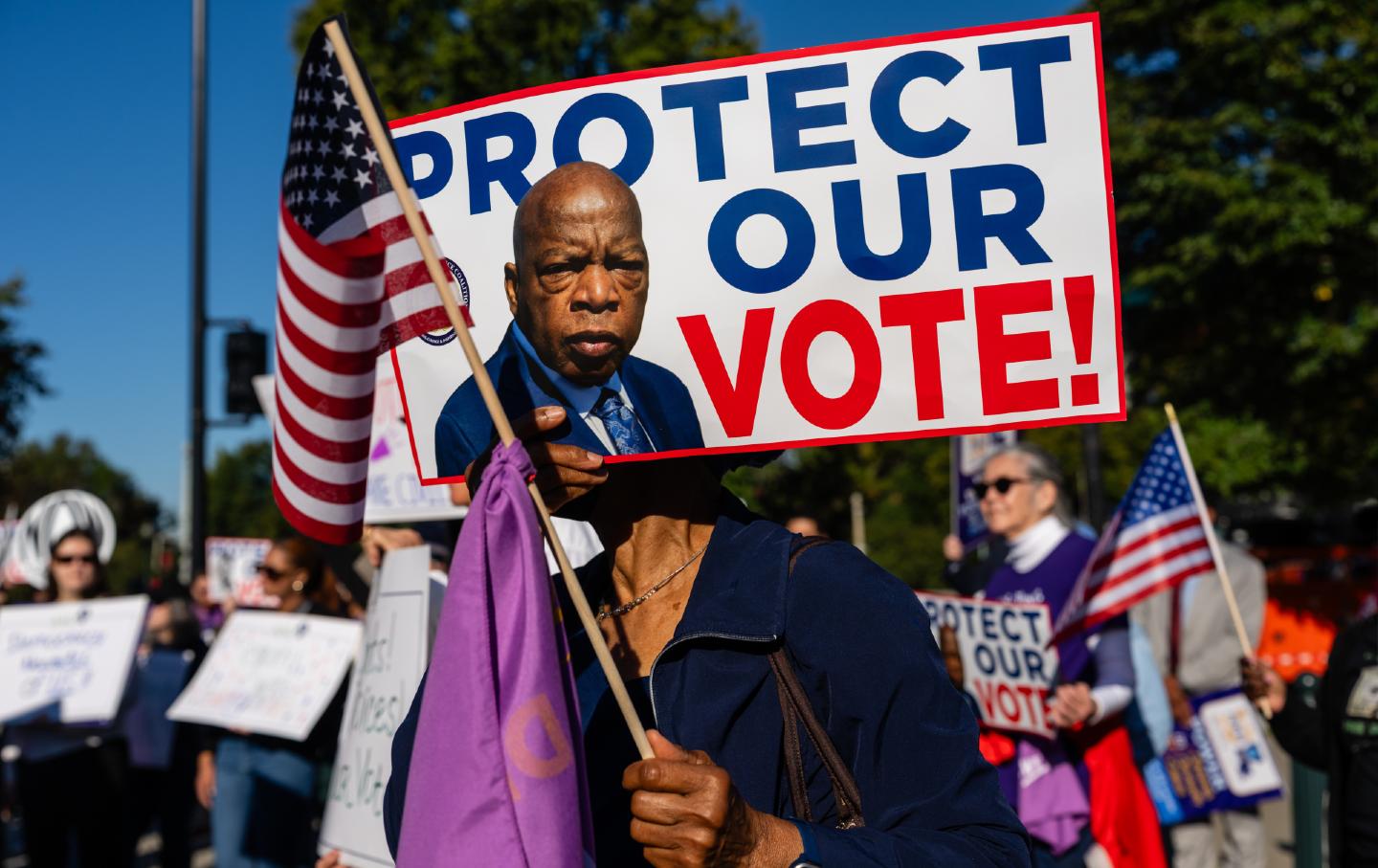 Demonstrators outside the US Supreme Court Building during oral arguments for “Louisiana v. Callais,” October 2025.