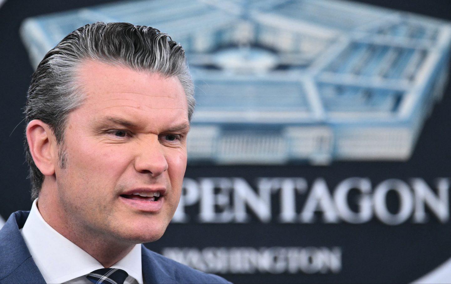 Pete Hegseth speaks during a news conference at the Pentagon in Washington, DC, on March 19, 2026.