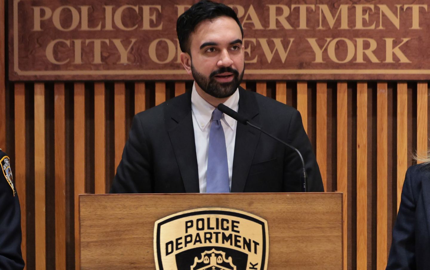 Zohran Mamdani speaks during a press conference at the New York Police Department headquarters on April 2, 2026.