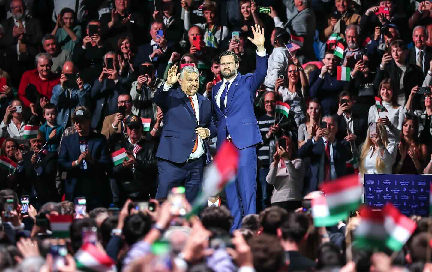 Hungarian Prime Minister Viktor Orbán and US Vice President JD Vance at a campaign rally for the prime minister in Budapest, Hungary, on April 7, 2026.