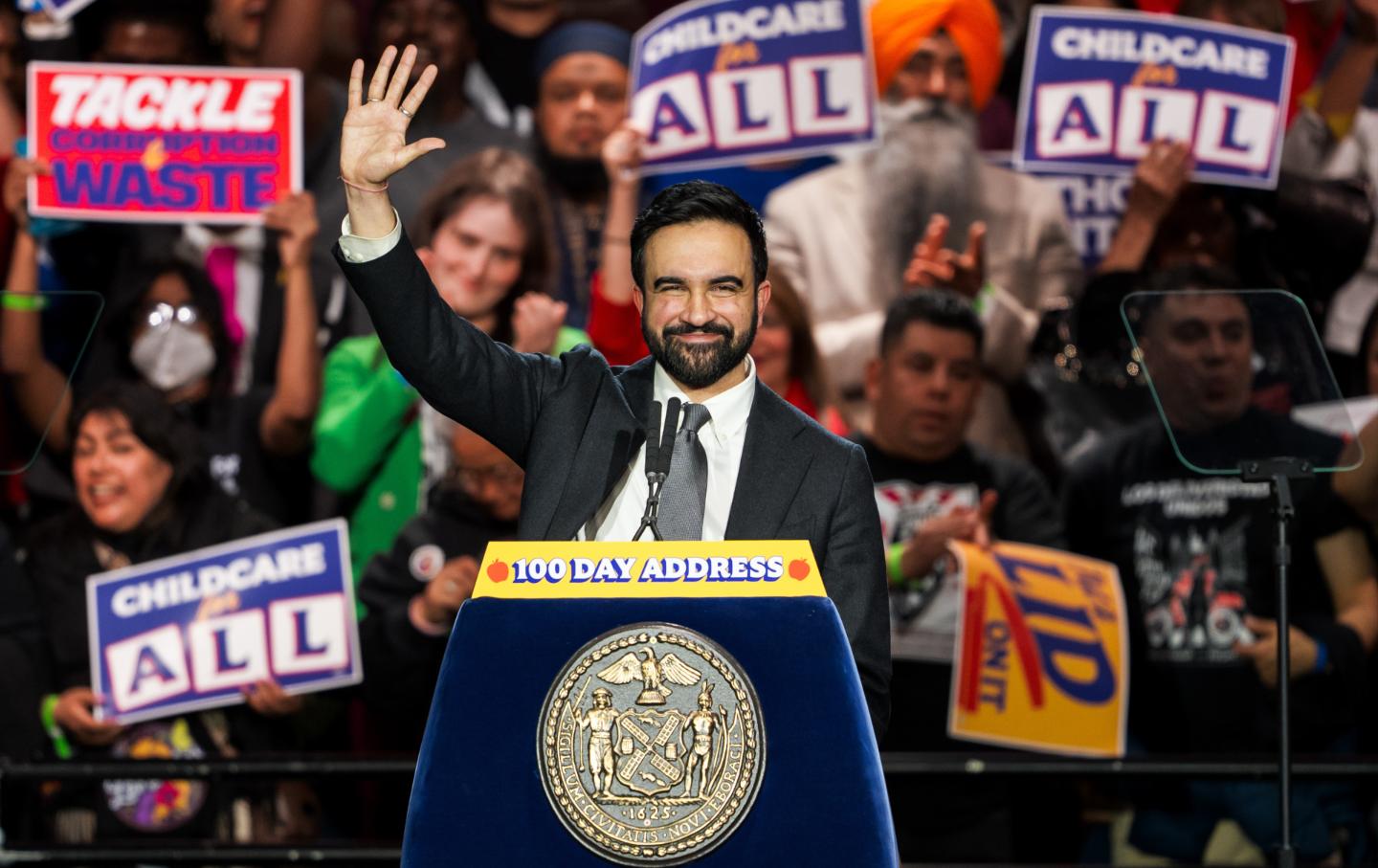 Zohran Mamdani, mayor of New York, during a 100 days rally in the Queens borough of New York City, on Sunday, April 12, 2026.