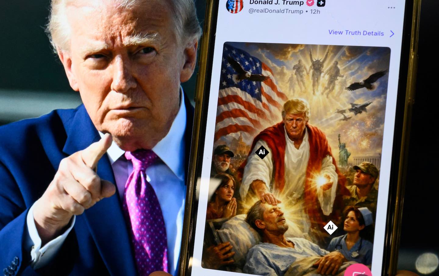 President Donald Trump with an AI-generated picture he posted on his Truth Social platform, depicting himself as Jesus Christ, after criticizing Pope Leo XIV.