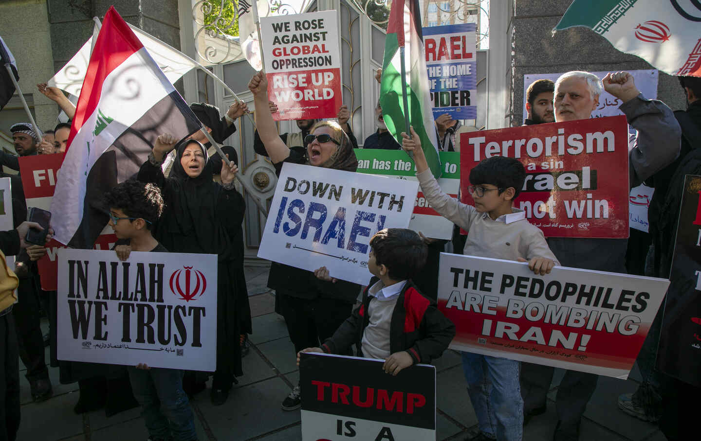 Demonstrators gather outside the Iraqi embassy in Tehran to thank Iraq for what they consider its support of Iran and the “Axis of Resistance” during the war with the US and Israel.