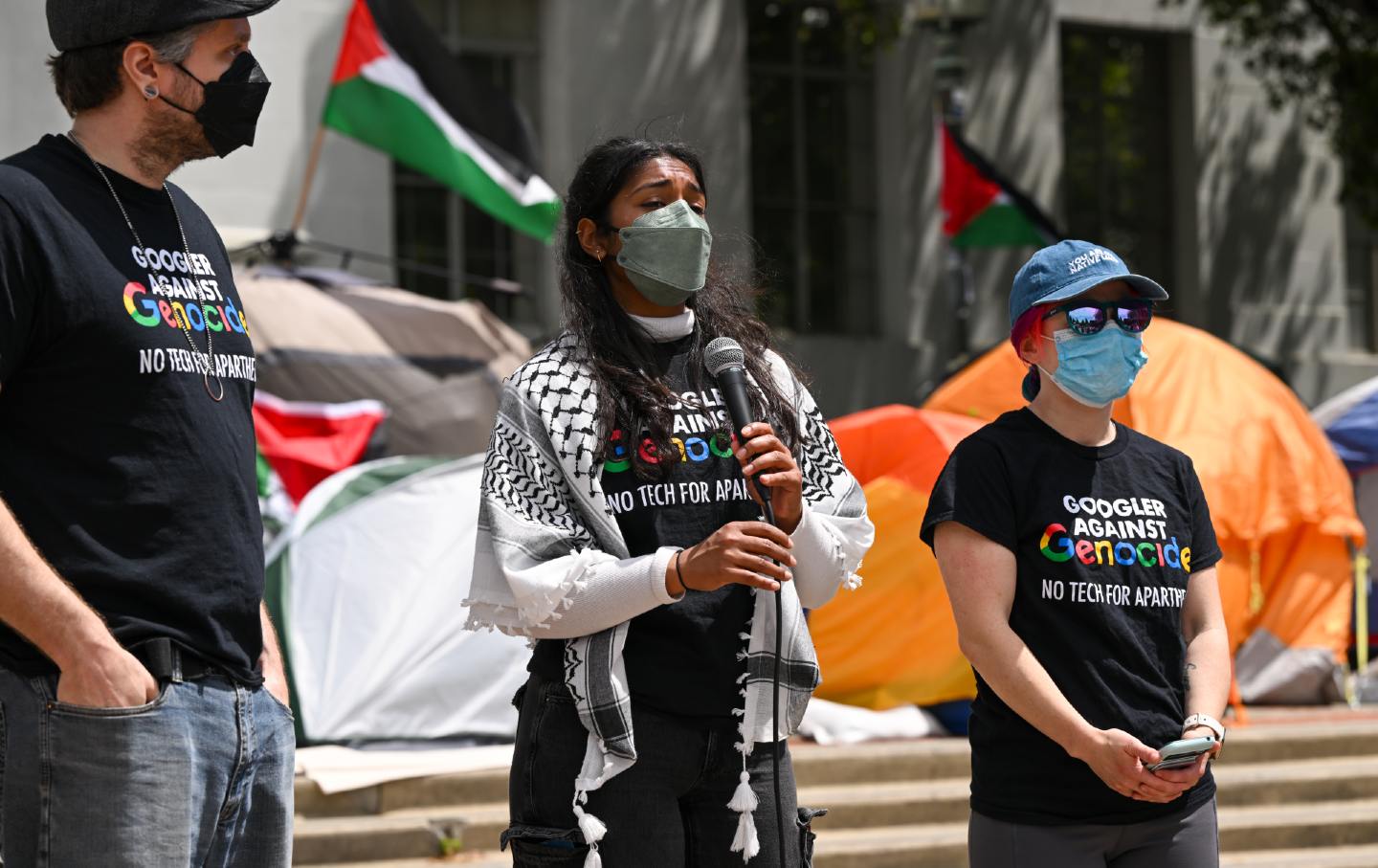 Former Google employees speak out against Big Tech at UC Berkeley's Pro-Palestinian encampment.