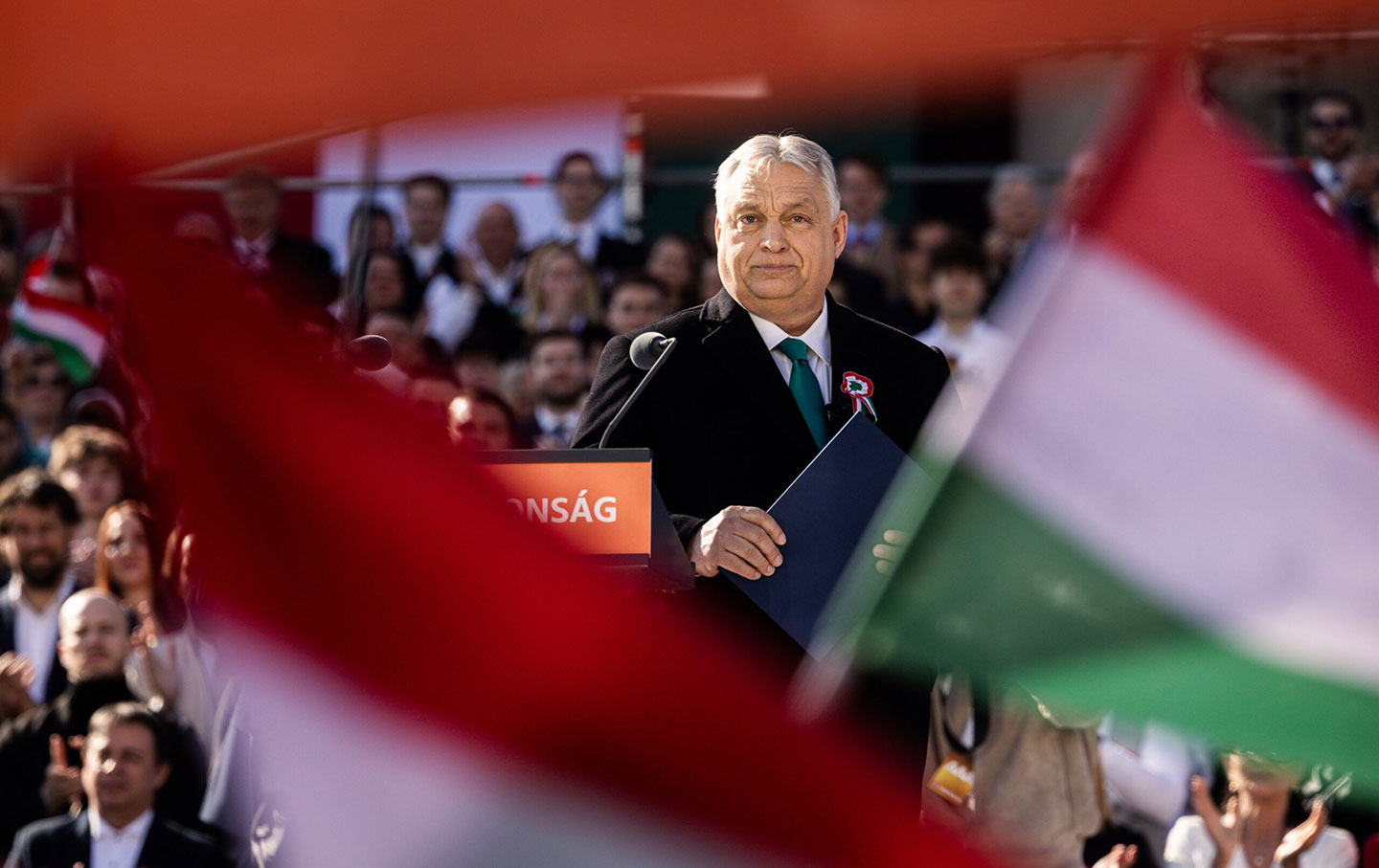 Hungarian Prime Minister Viktor Orbán appears during a rally ahead of the general election in Budapest, Hungary, on March 15, 2026.
