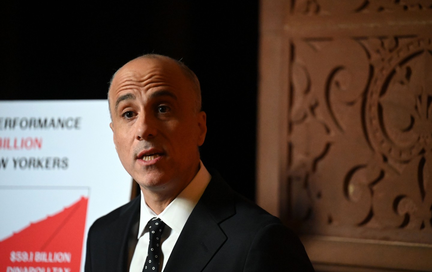 Candidate for New York State comptroller Drew Warshaw holds a news conference at the state capitol in Albany on Monday, December 22, 2025, where he spoke in opposition to Comptroller Thomas Peter DiNapoli's management of the state pension fund.