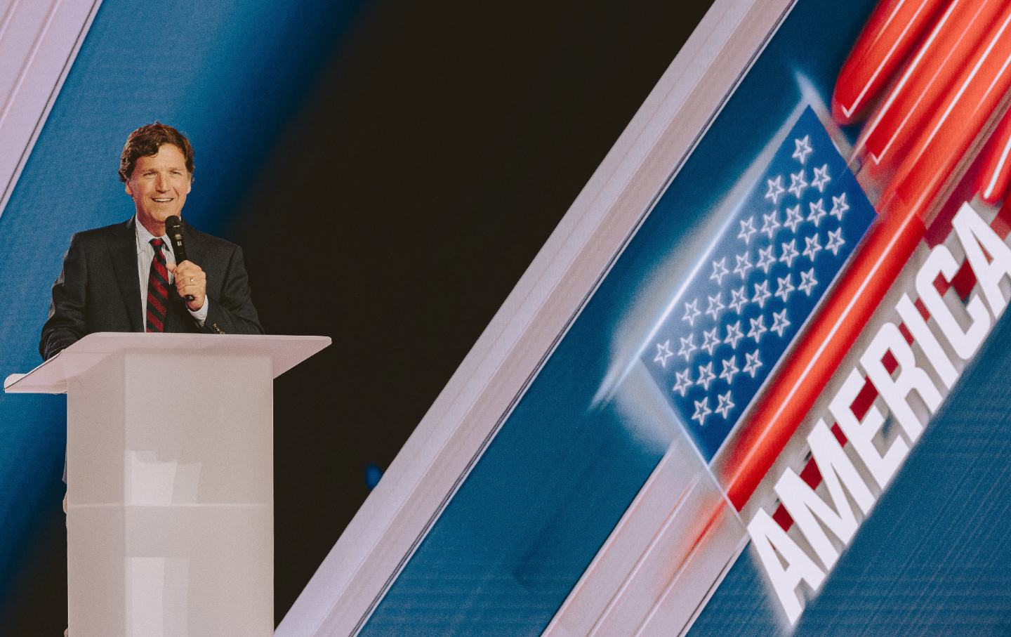 Conservative commentator Tucker Carlson at Turning Point USA’s annual AmericaFest conference in Phoenix, Arizona, in December 2025.