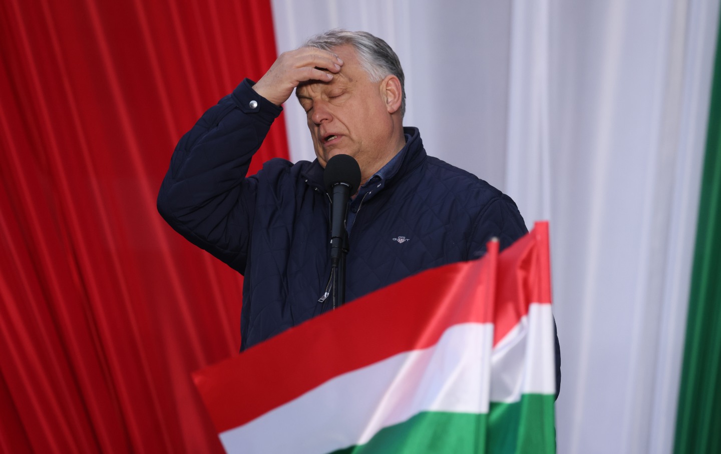 Right-wing populist Hungarian Prime Minister Viktor Orban reacts as he speaks to voters at an election campaign rally in Szekesfehervar, Hungary, on April 10, 2026, two days before parliamentary elections, in which he suffered a crushing defeat.