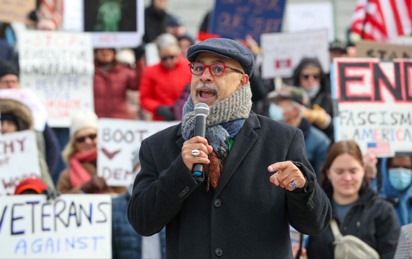 Chris Rabb, D-Philadelphia, speaks outside of the Pennsylvania Capitol during a 50501 protest in Harrisburg, Pa. on February 5, 2025