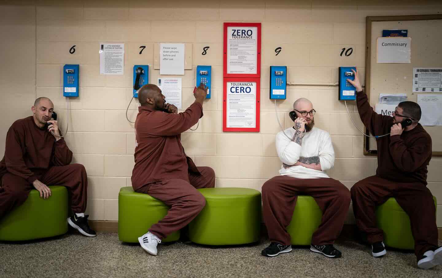 Incarcerated people make phone calls in the Little Scandinavia unit at SCI Chester in Pennsylvania on March 9, 2023.