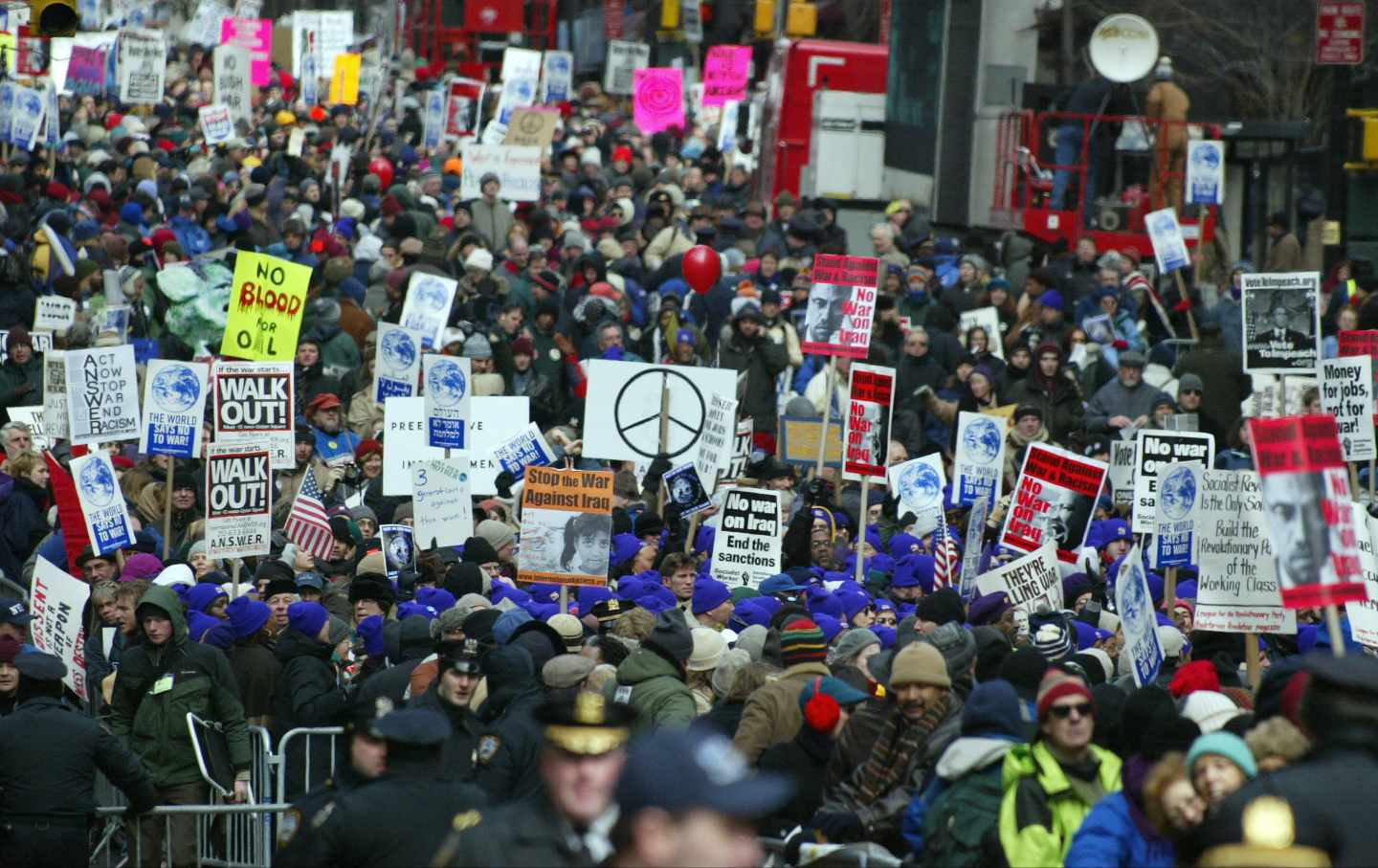 An anti-Iraq War demonstration in New York City on February 15. 2003.