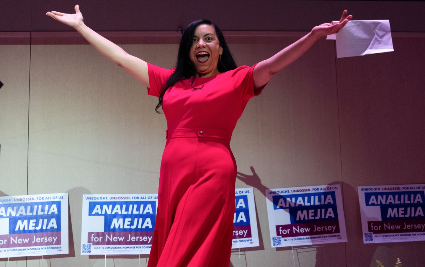 Analilia Mejia, US Democratic House candidate for New Jersey, arrives to speak during an election night event at Montclair Art Museum during a New Jersey special election in Montclair, New Jersey, on Thursday, April 16, 2026.