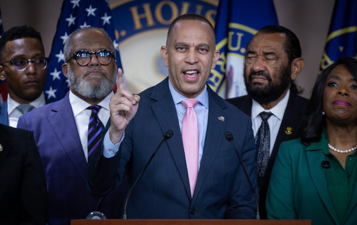 House minority leader Hakeem Jeffries (D-NY) speaks at a press conference with other members of the Congressional Black Caucus on the Supreme Court decision in “Louisiana v. Callais,” at the US Capitol in Washington, DC, on April 29, 2026.