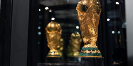 The FIFA World Cup trophy sits inside of a case during the FIFA World Cup 26 Trophy Tour on May 21, 2026.