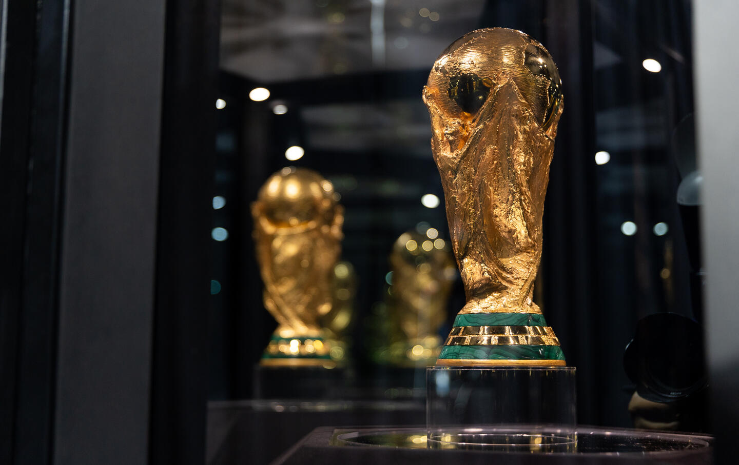 The FIFA World Cup trophy sits inside of a case during the FIFA World Cup 26 Trophy Tour on May 21, 2026.