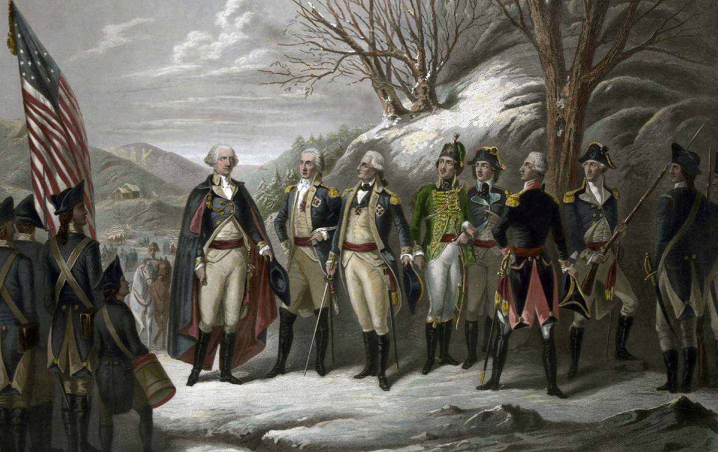 George Washington, left, with other officers including De Kalb, Von Steuben, Pulaski, Kosciouszko, Lafayette and Muhlenberg.
