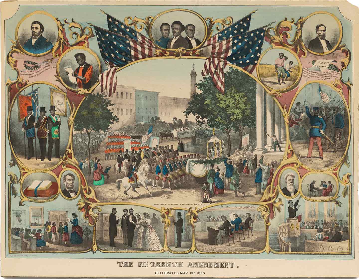 Commemorative print celebrating the passage of the 15th Amendment.