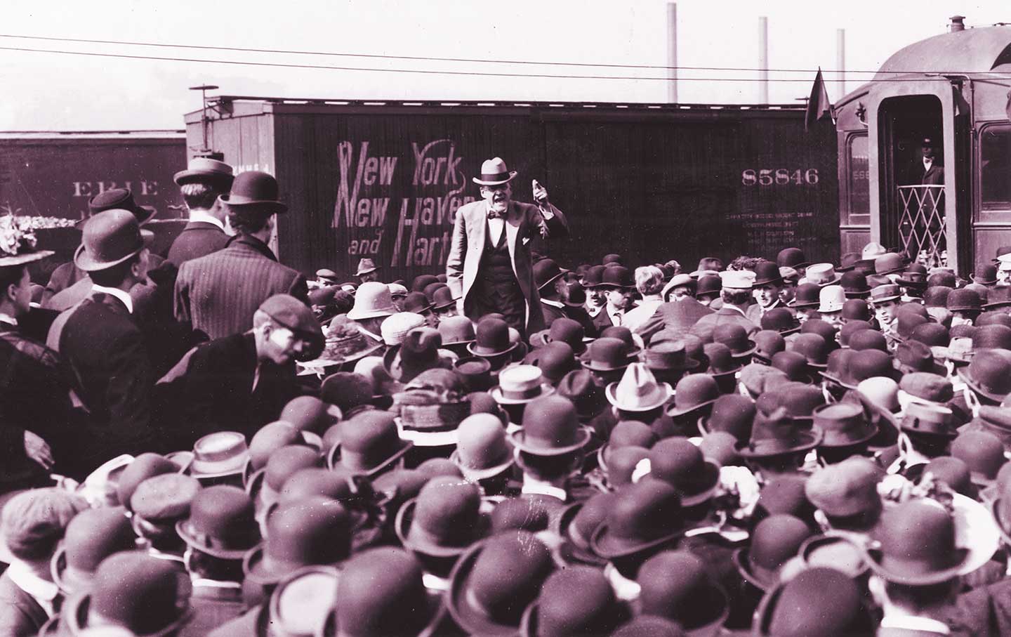 Eugene Debs speaks to a rally of supporters in 1908 as the US presidential candidate for the Socialist Party.