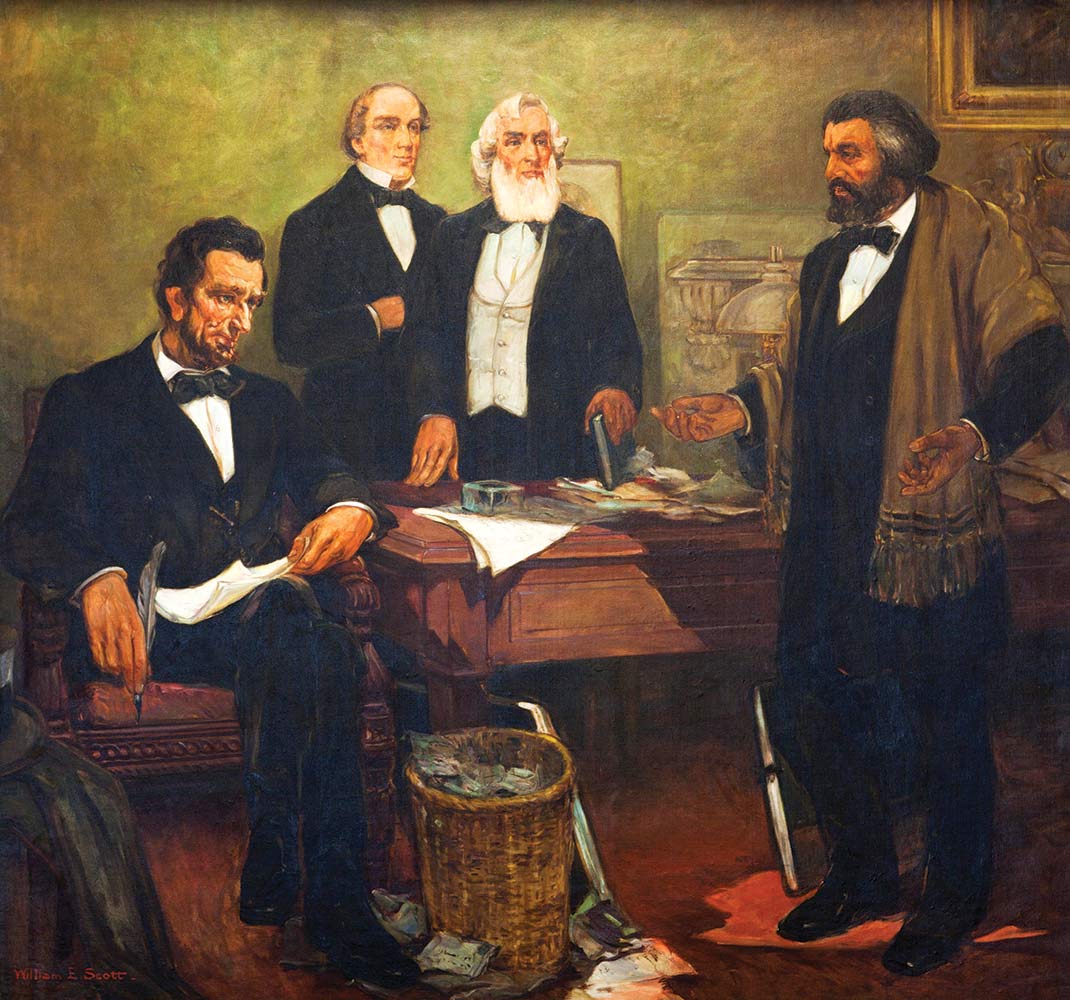 Frederick Douglass petitions Abraham Lincoln to allow Black soldiers to fight in the Union Army during the Civil War (in a 1943 mural by the African American artist William Edouard Scott).