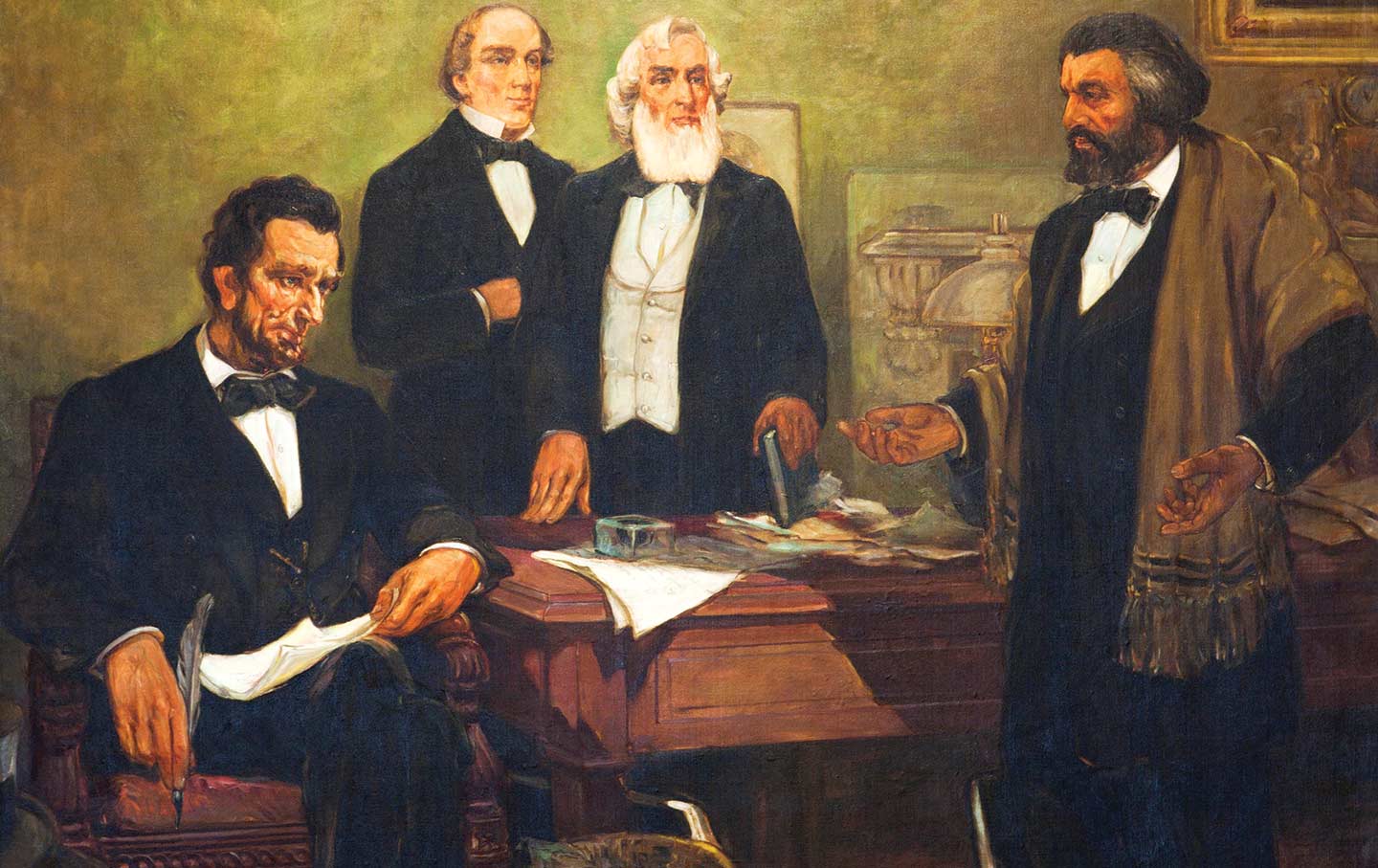 Frederick Douglass petitions Abraham Lincoln to allow Black soldiers to fight in the Union Army during the Civil War (in a 1943 mural by the African American artist William Edouard Scott).