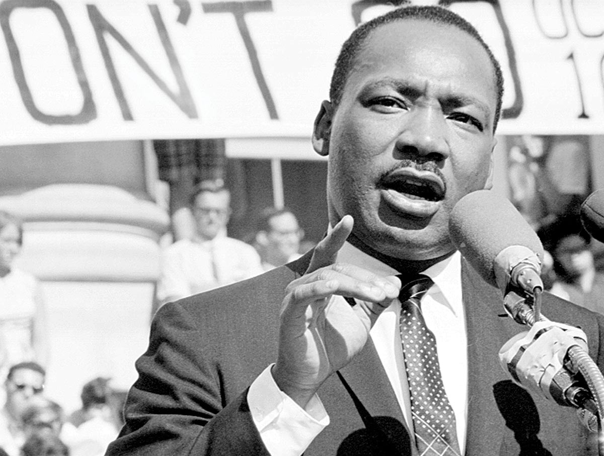 Martin Luther King Jr. addresses a crowd at UC Berkeley’s Sproul Plaza in 1967, less than a year before his death.