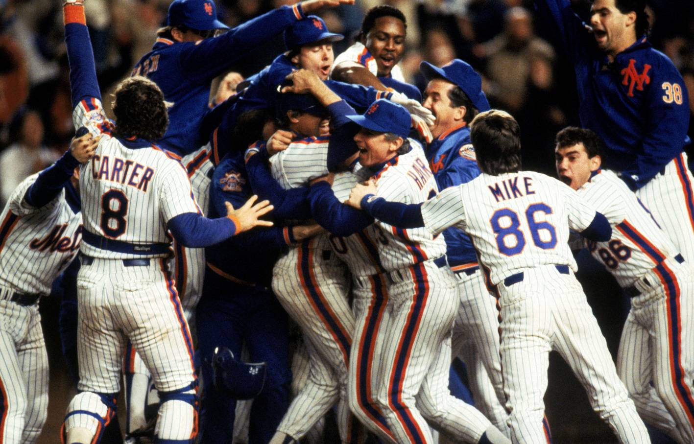 The New York Mets celebrating their game 7 win during the 1986 World Series.