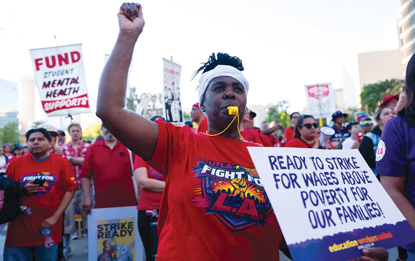 Striking teachers demonstrate in Los Angeles in March.