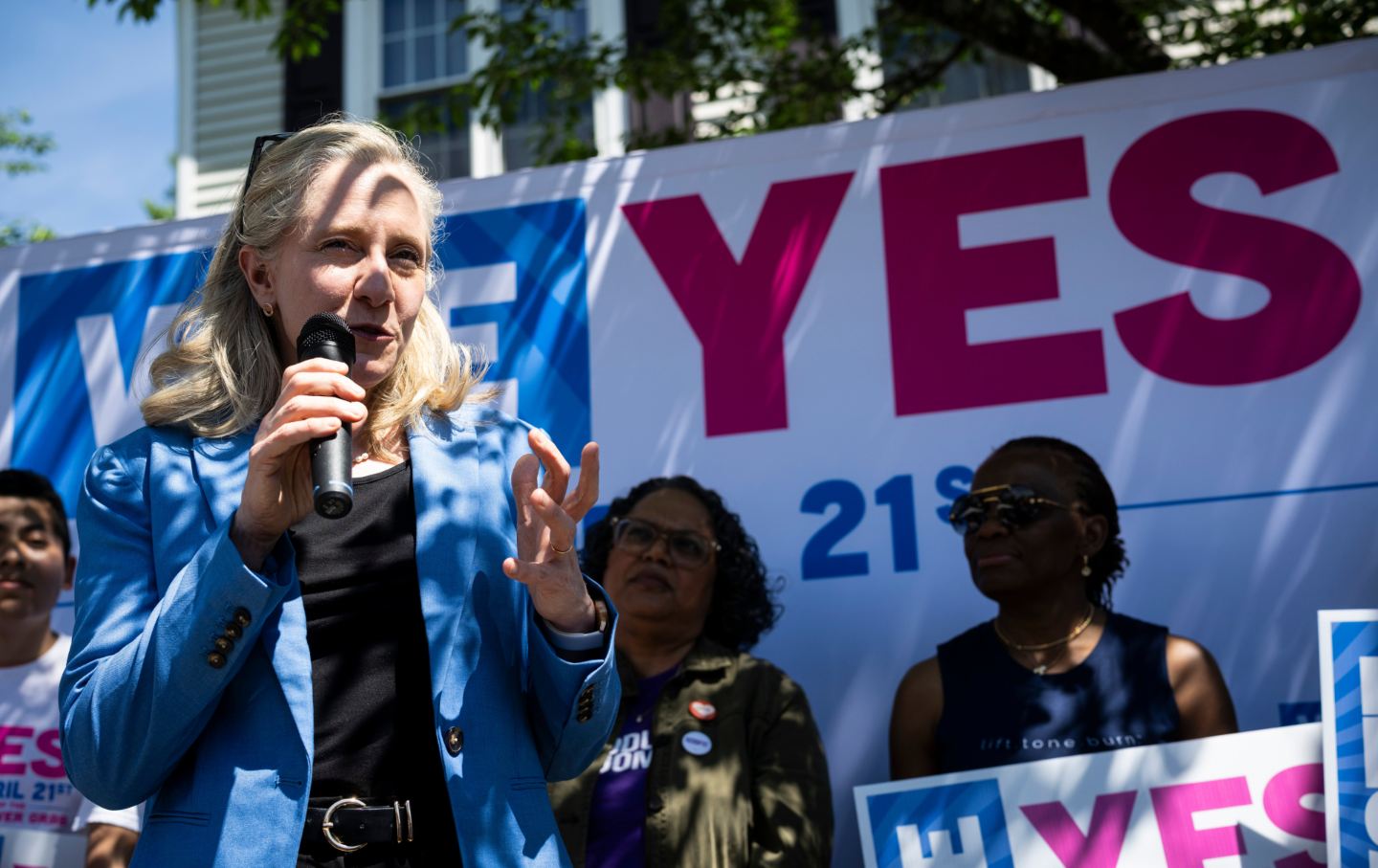 Virginia Governor Abigail Spanberger at an event in Woodbridge, promoting the redistricting measure that was on the ballot in April.