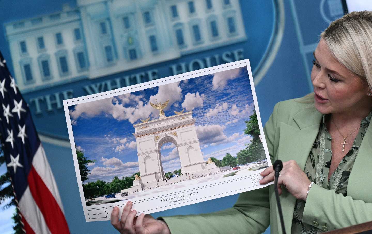 White House Press Secretary Karoline Leavitt shows an artist’s rendering of the arch.