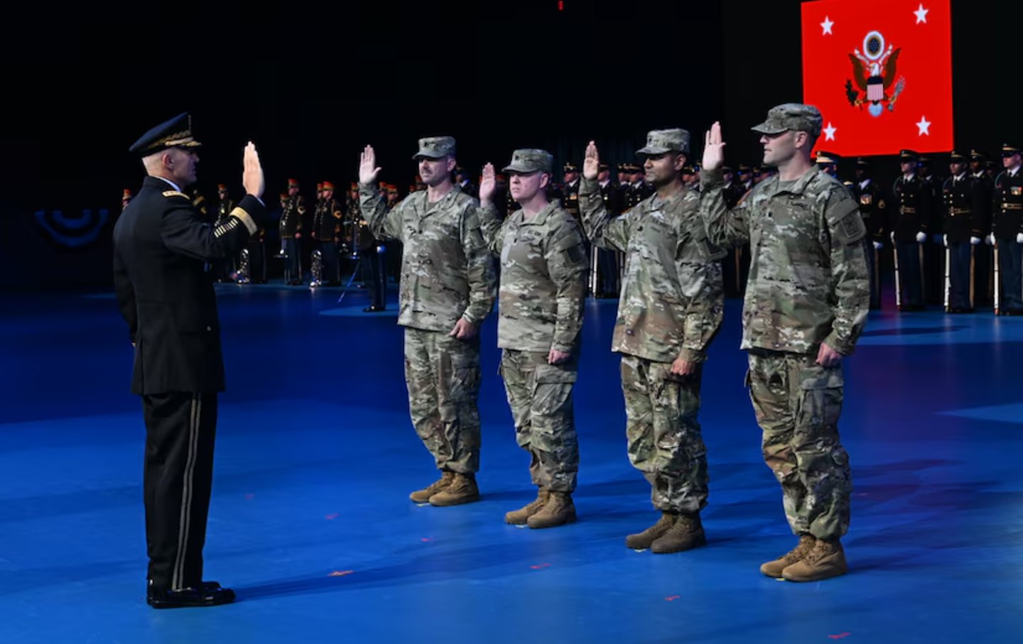 Swearing-in ceremony for the US Army’s Detachment 201—the so-called Army Executive Innovation Corps—with lieutenant colonels from four tech companies, including Shyam Sankar, chief technology officer (CTO) for Palantir; Andrew Bosworth, CTO for Meta; Kevin Weil, chief product officer of OpenAI; and Bob McGrew, adviser at Thinking Machines Lab and former chief research officer for OpenAI, on June 13, 2025.