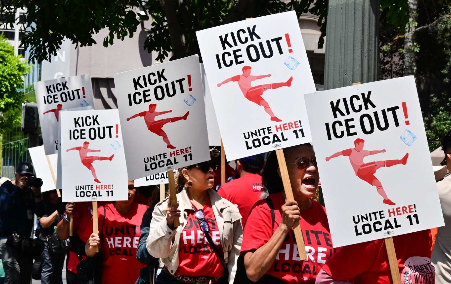 SoFi stadium workers protest outside FIFA World Cup 26 Los Angeles Office calling for ICE to be banned from the World Cup on May 1, 2026.