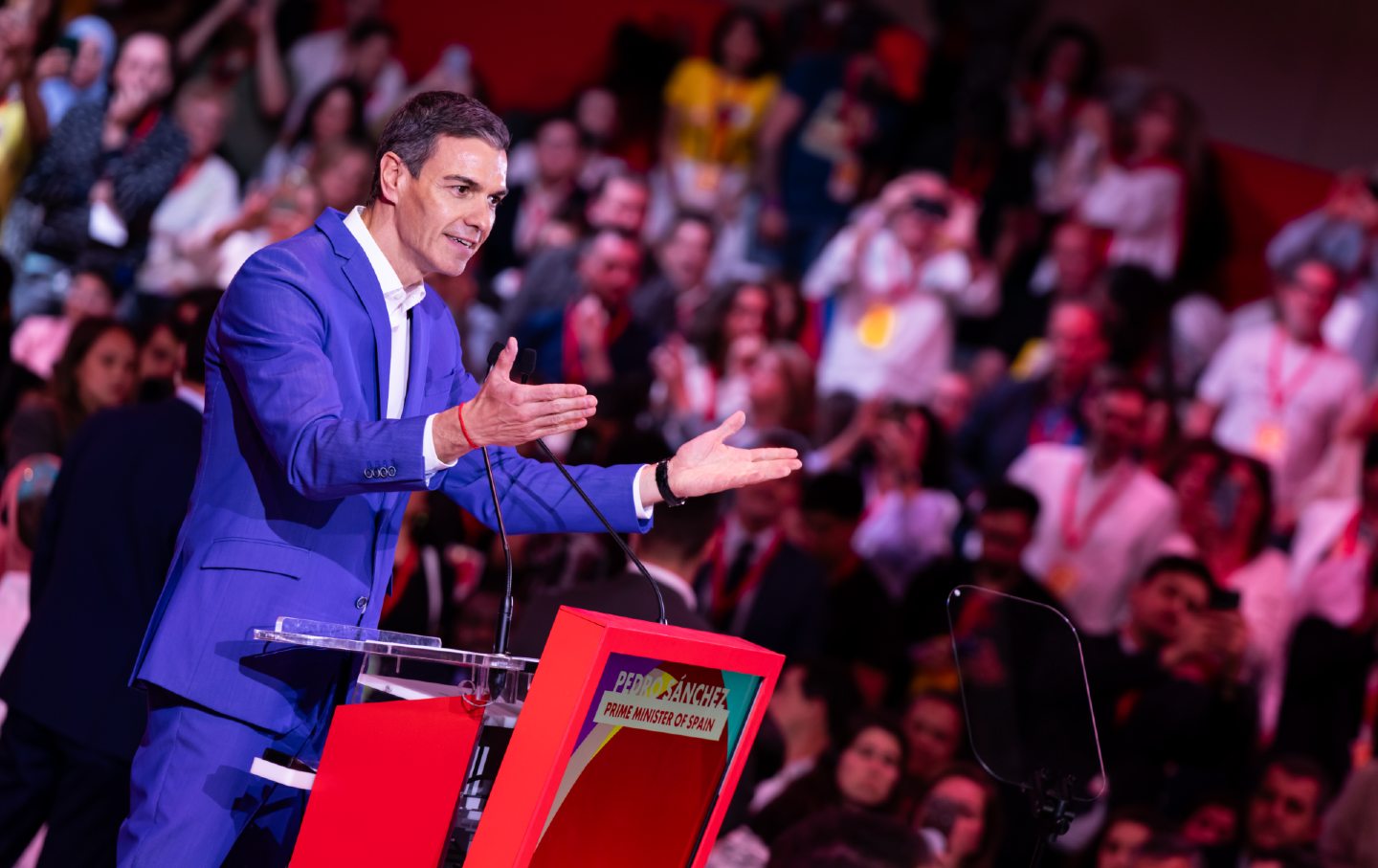 Prime Minister of Spain Pedro Sanchez speaks during the Global Progressive Mobilization on April 18, 2026, in Barcelona, Spain.