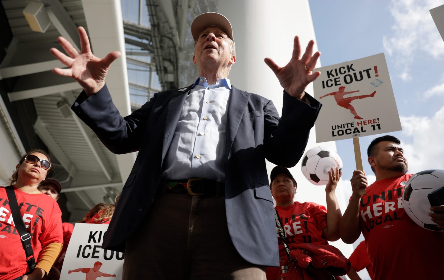 California Democratic gubernatorial candidate and billionaire Tom Steyer speaks during a press conference with union workers at SoFi Stadium in Inglewood, California, on May 18, 2026.