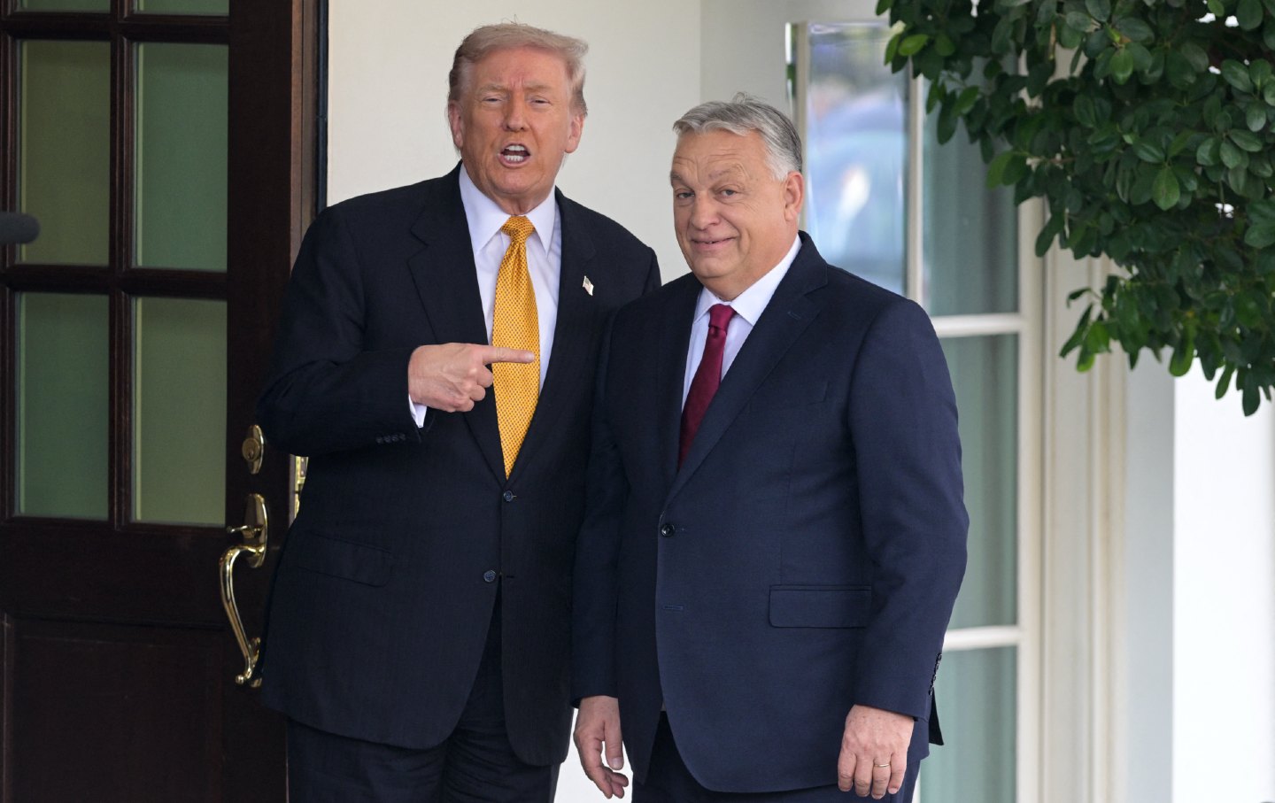 President Donald Trump greets Hungarian Prime Minister Viktor Orbán outside the West Wing of the White House in Washington, DC, on November 7, 2025.