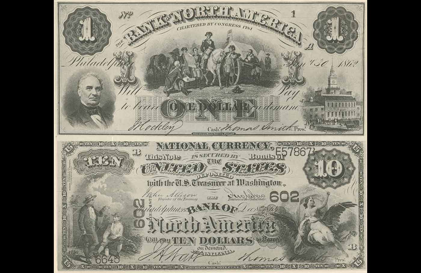 Paper money issued by the Bank of North America, circa 1862.