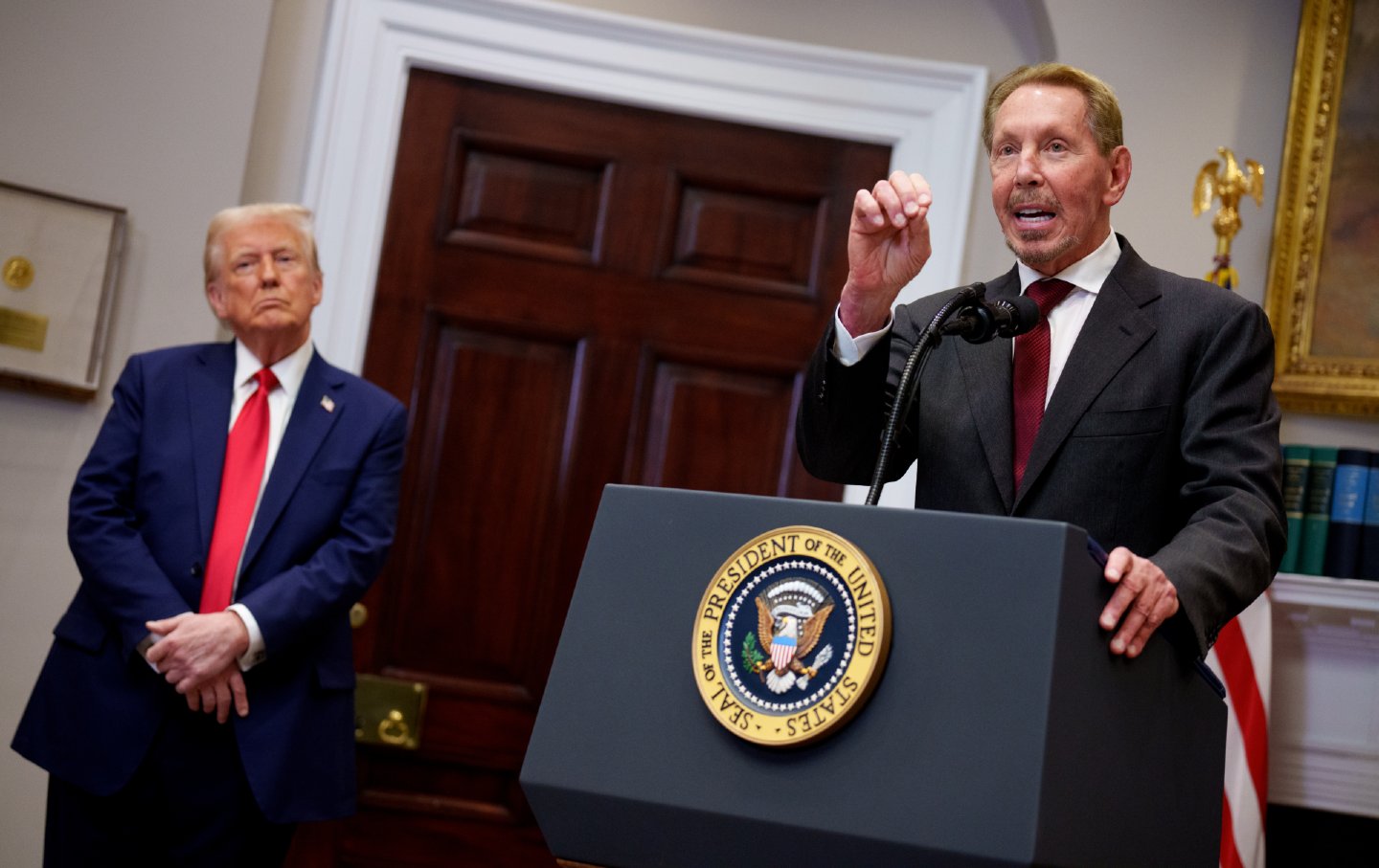 Larry Ellison, accompanied by U.S. President Donald Trump in the Roosevelt Room of the White House on January 21, 2025 in Washington, DC.