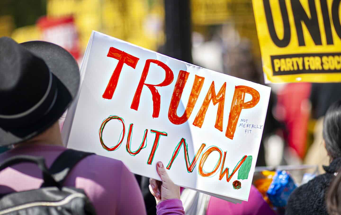 A demonstrator participating in the “May Day” protest at Union Square on May 1, 2026.