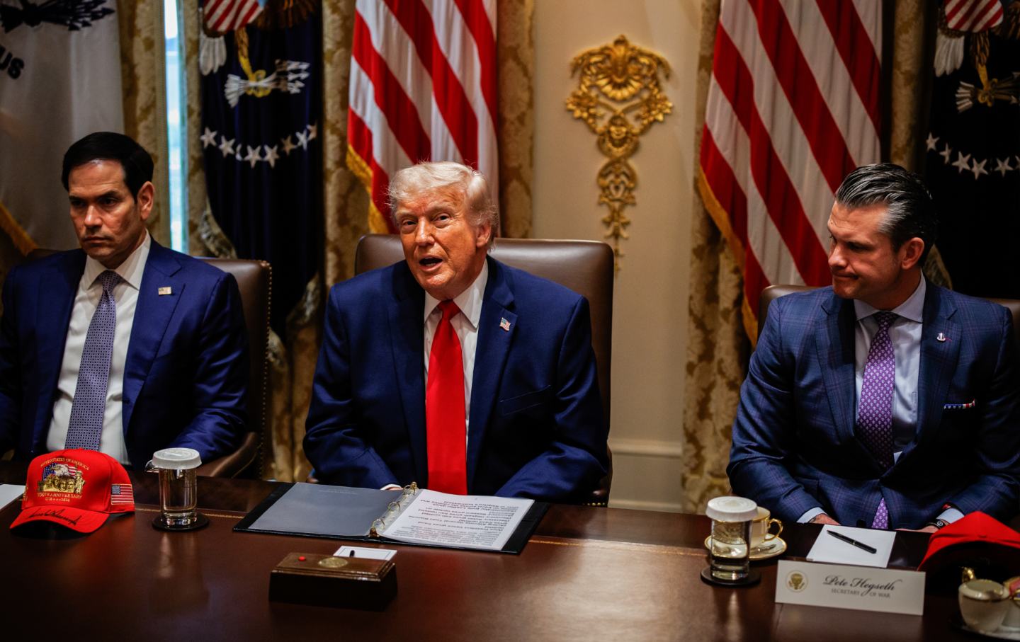 Marco Rubio, US secretary of state, from left, US President Donald Trump, and Pete Hegseth, US secretary of defense, during a cabinet meeting at the White House in Washington, DC, on Wednesday, May 27, 2026.