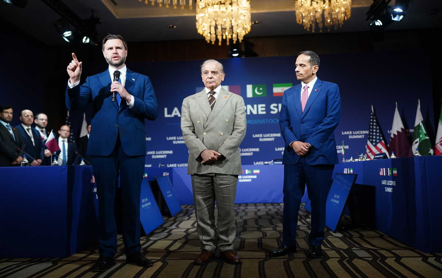 US Vice President JD Vance makes an opening statement at the start of a quadrilateral meeting between the U.S., Iran, Pakistan, and Qatar at the Lake Lucerne Summit.