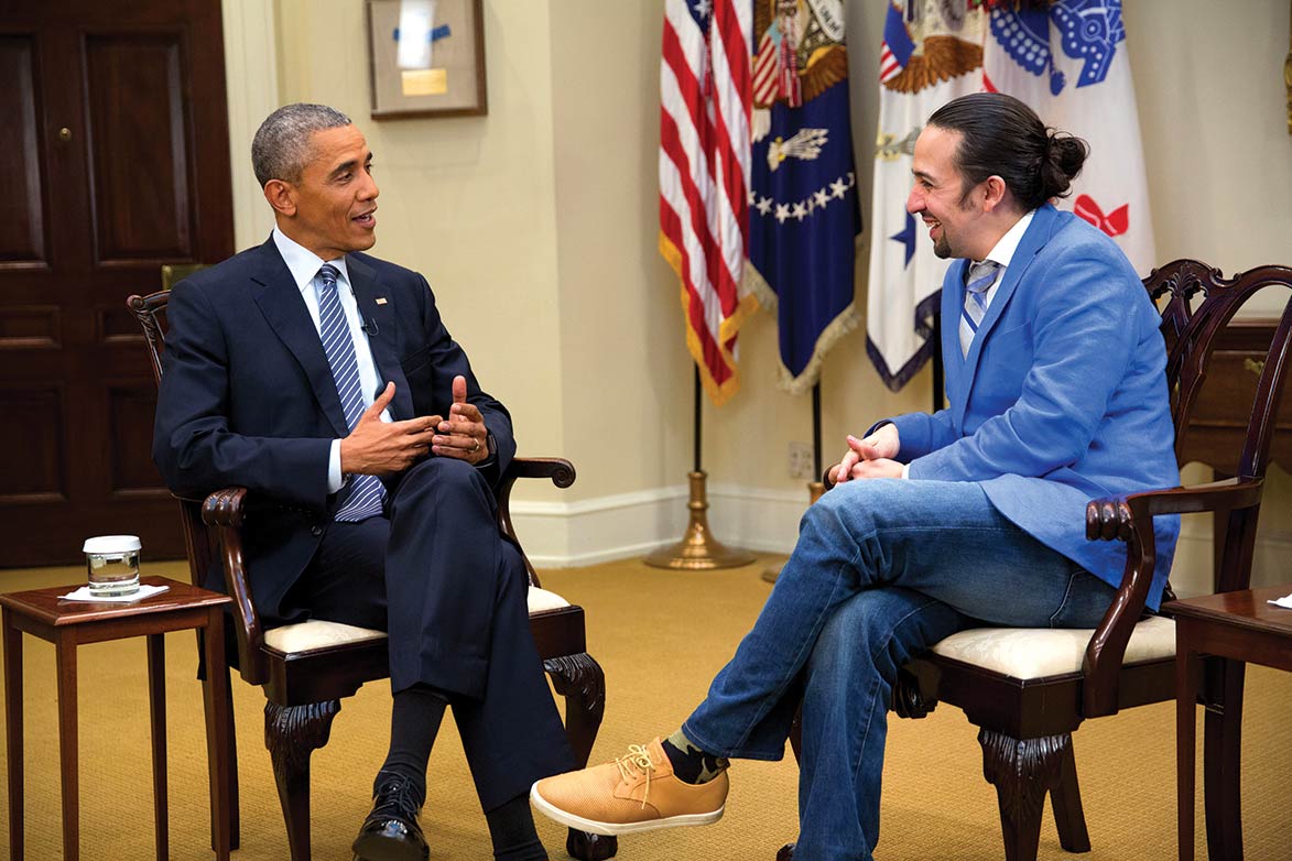 President Barack Obama meets with Lin-Manuel Miranda in the West Wing of the White House in March 2016.