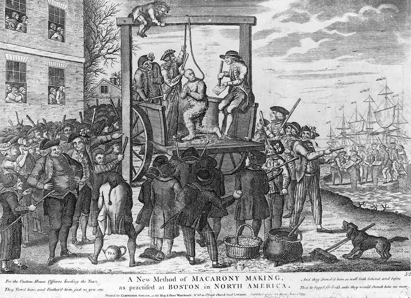 A depiction of the tarring and feathering of a British Customs commissioner in Boston.