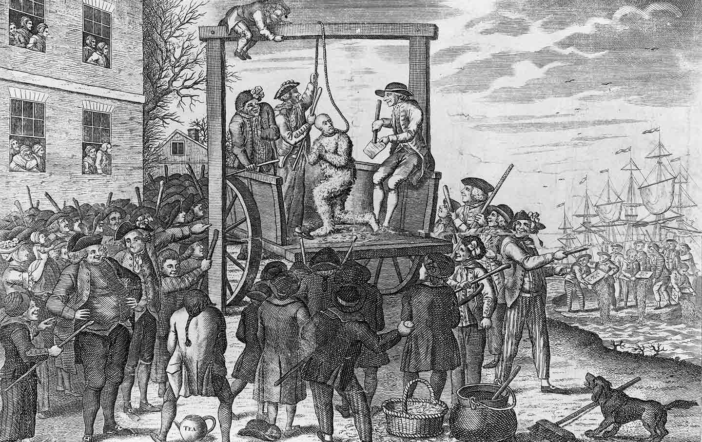 A depiction of the tarring and feathering of a British Customs commissioner in Boston.