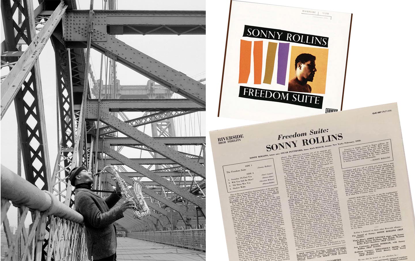 Left: Sonny Rollins practicing on the Williamsburg Bridge. Right: Rollins’s 1958 civil-rights-themed album “Freedom Suite.”