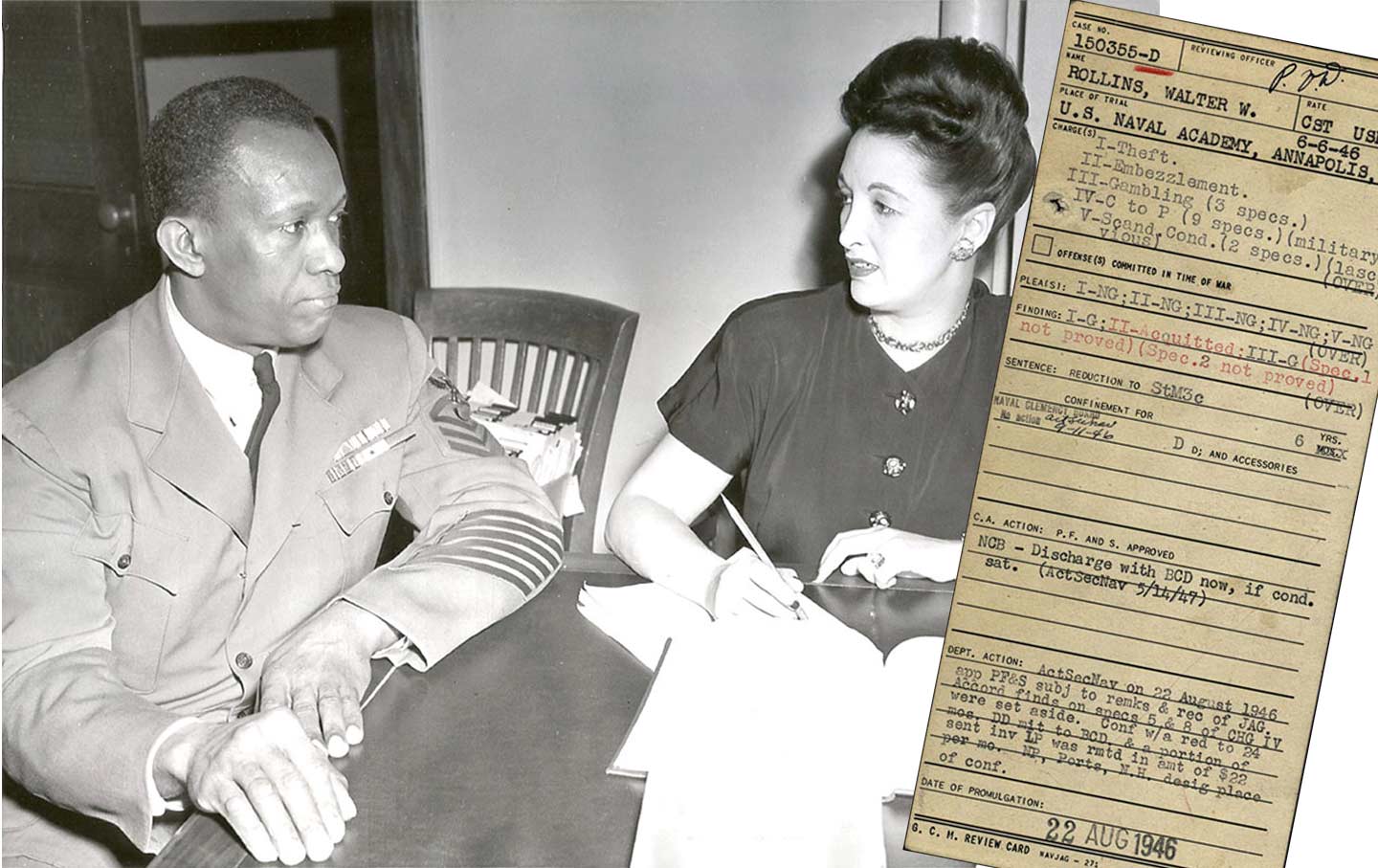 Left: Walter Rollins meeting with his lawyer. Right: The unproven charges against him included “scandalous conduct.”