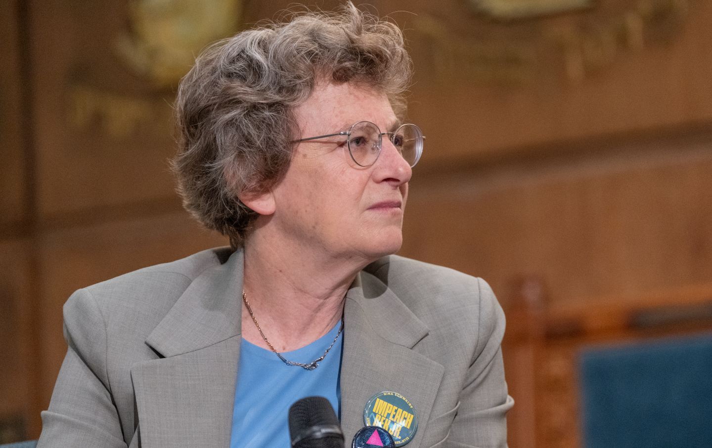 Congressional District 12 candidate Nina Schwalbe participates with fellow Democrats Jack Schlossberg, Micah Lasher, and George Conway in a public forum moderated by Rabbi Ammiel Hirsch at Stephen Wise Free Synagogue in New York City on May 6. 2026.