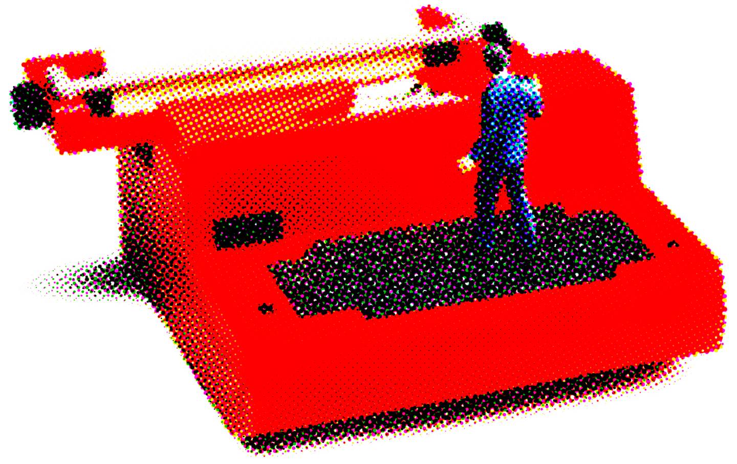 Illustration of an office worker in a suit standing on a red typerwriter.