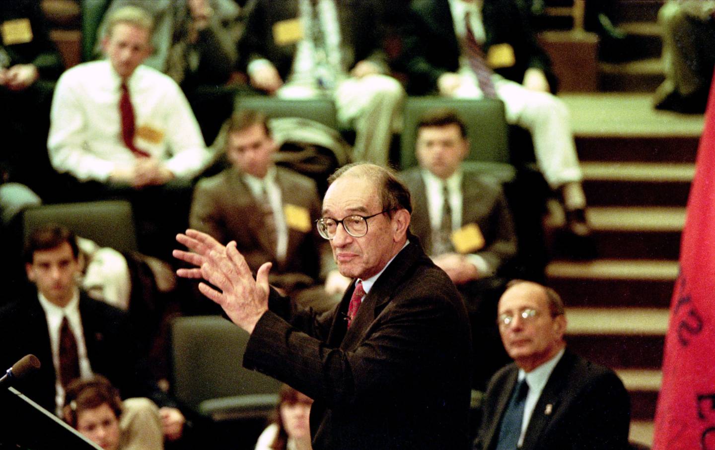 Chairman of the Federal Reserve Alan Greenspan speaks to students of Syracuse University in Syracuse, New York, on December 3, 1997.