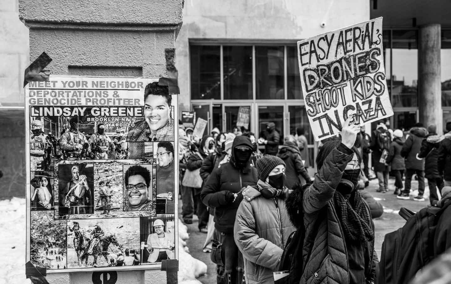 Workers, tenants and neighbors with Demilitarize Brooklyn Navy Yard picket outside of the Brooklyn Navy Yard during its February 11, 2026, board meeting.