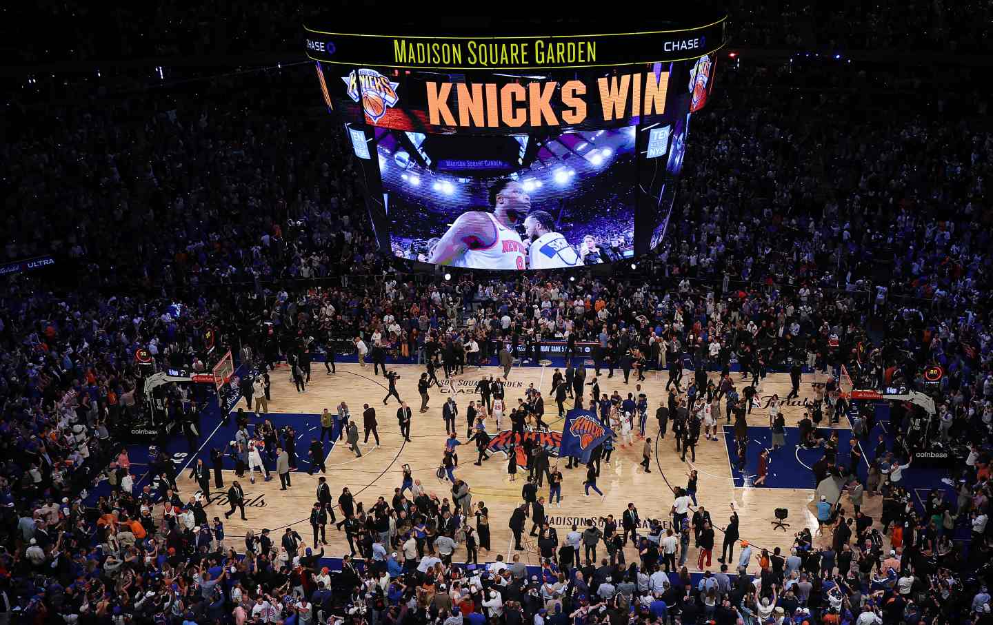 A general view inside Madison Square Garden as the New York Knicks celebrate their 107–106 victory against the San Antonio Spurs in Game Four of the 2026 NBA Finals on June 10, 2026, in New York City.